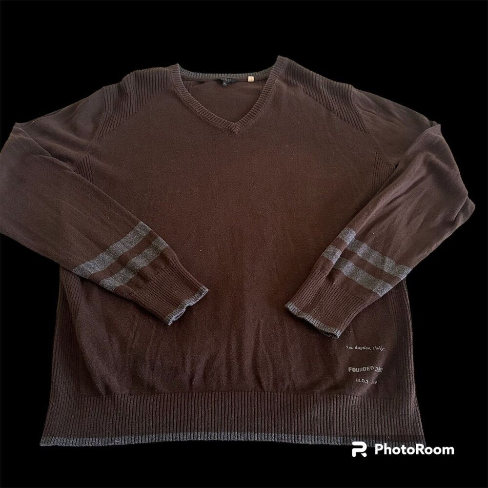 Men's Guess Sweater Pullover Size XL Brown Tight Knit Style V-neck Pre-owned